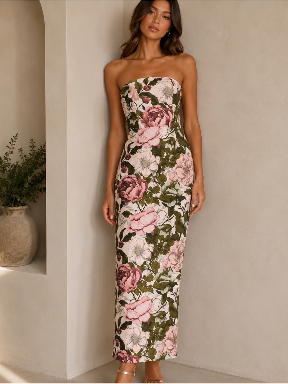Milly Strapless Floral Column Dress in Pink and Olive